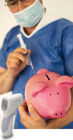 male nurse giving a piggy-bank a flu shot