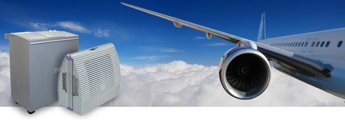 left wing of an aircraft in the sky with turbine and two elegant humidfiers against the left margin