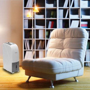 Dehumidifier next to easy chair in front of bookcase in elegant room
