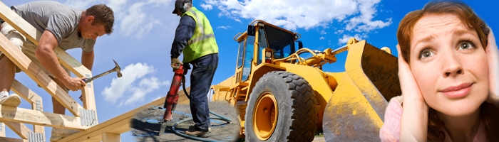 joiner and road worker working digger in background woman holding her ears