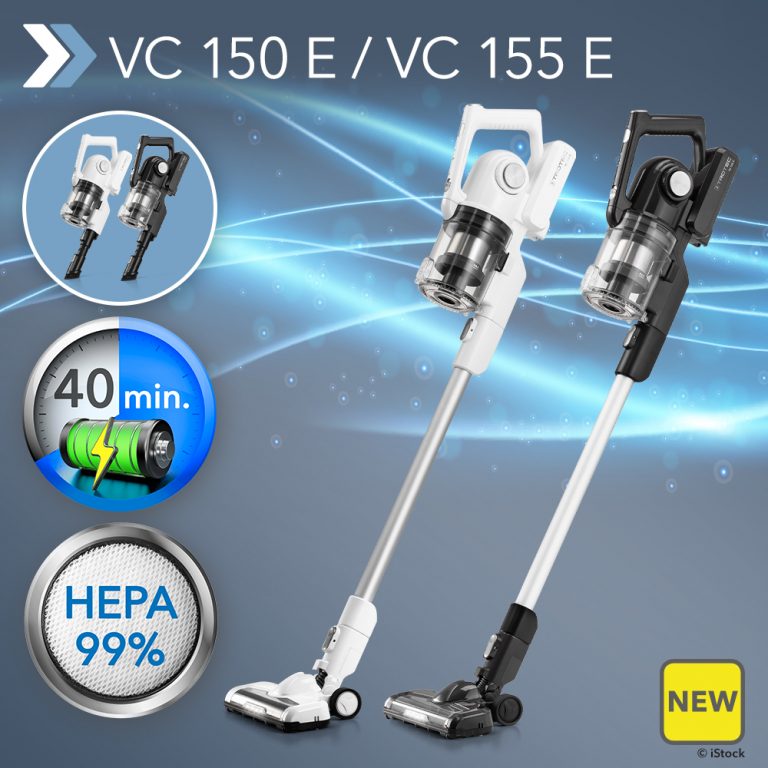 The batterypowered upright vacuum cleaner VC 150 E (in white) or VC