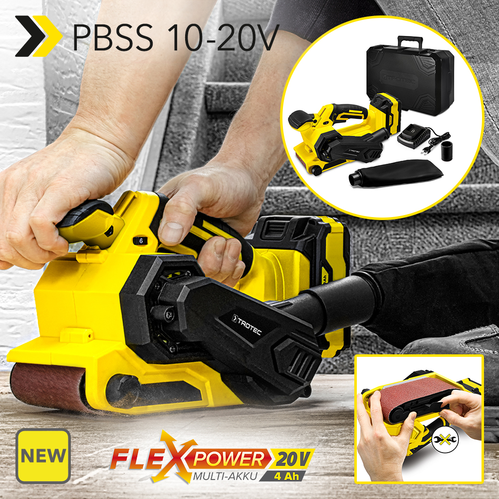 NEW Cordless Belt Sander PBSS 10-20V: cordless freedom of movement for perfect sanding results – dust bag and wood sanding belt included!