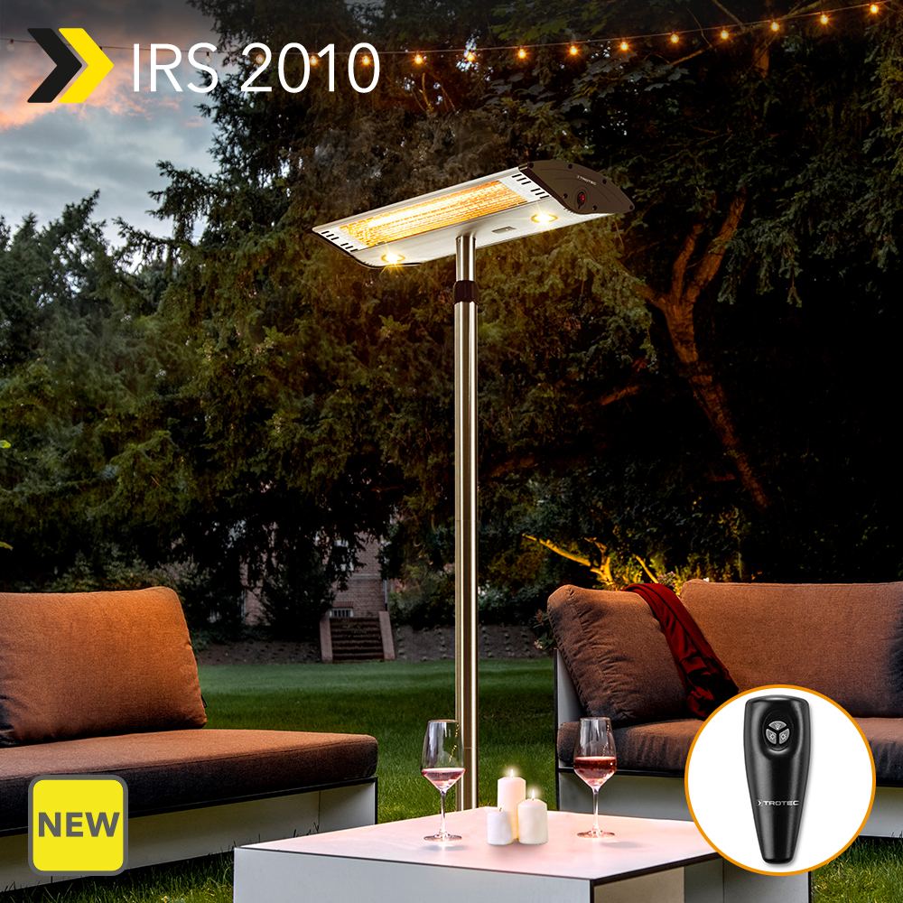 NEW Design-Standing Radiant Heater IRS 2010: powerful, weatherproof, LED-lit professional heater – height-adjustable, remote, controlled, available!