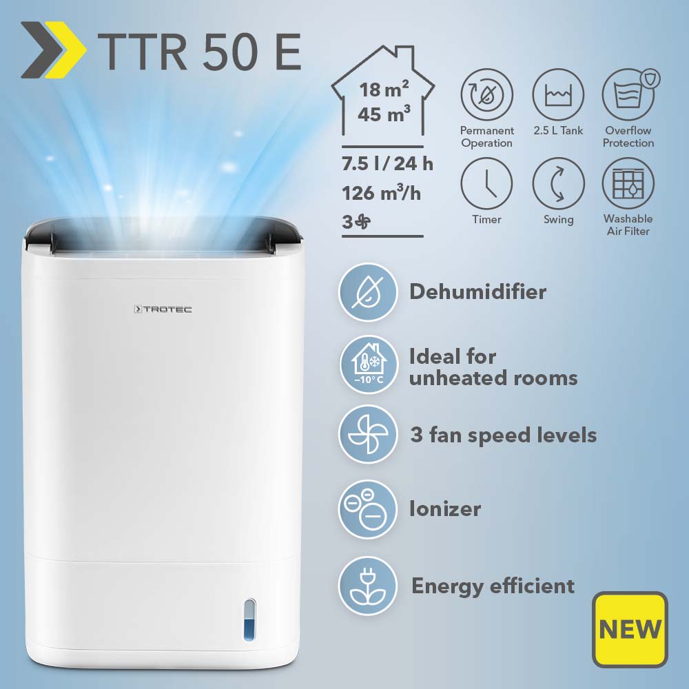 Comfort dehumidifier TTR 50 E: powerful permanent dehumidification with up to 7.5 l/24h – even at low temperatures down to -10 °C