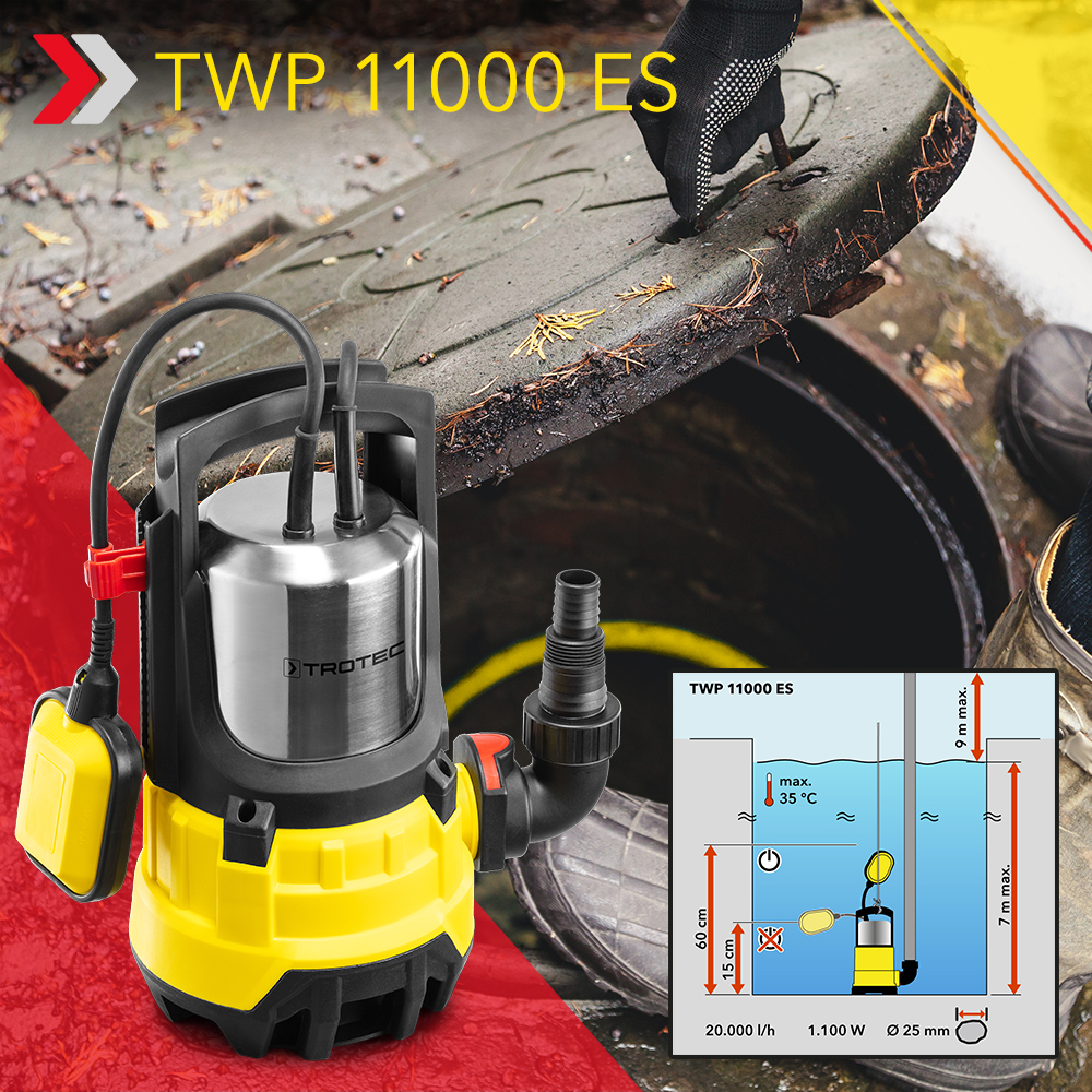 Submersible waste water pump TWP 11000 ES – ultra-powerful stainless steel pump capable of handling up to 20,000 litres per hour – now back in stock!