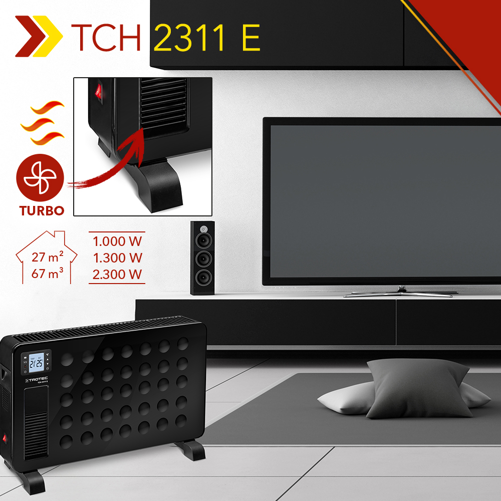 Convector de diseño TCH 2311 E: calefacción de bajo consumo controlada por termostato, con tres niveles de calor de hasta 2300 W y turboventilador, disponible de nuevo