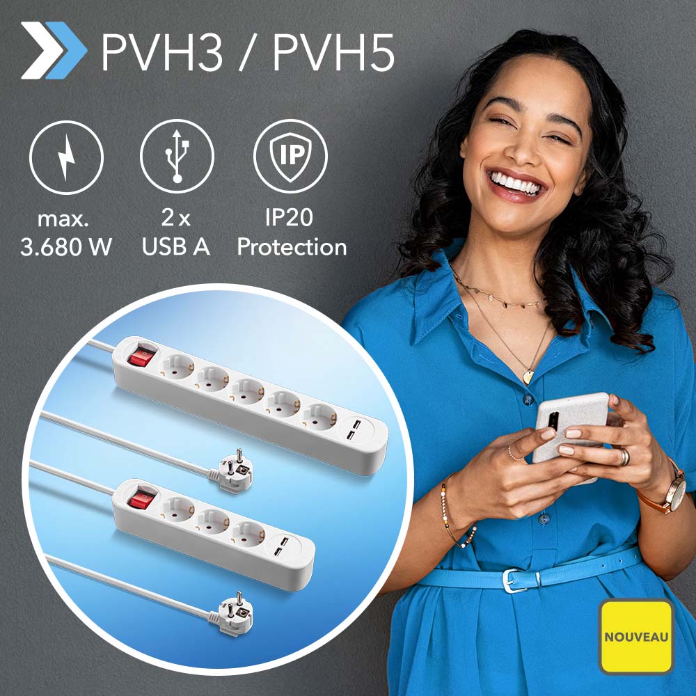 Bloc multiprise PVH3 et PVH5 : prises triples et quintuples avec 2 prises de chargement USB (max. 2,4 A), commutateur économe en énergie et câble de 1,5 m