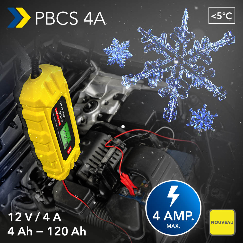 NOUVEAU Chargeur de batterie PBCS 4A avec écran LC pour batteries de 12 V de voitures et de motos – y compris mode d’alimentation pour remplacer la batterie sans perte de données