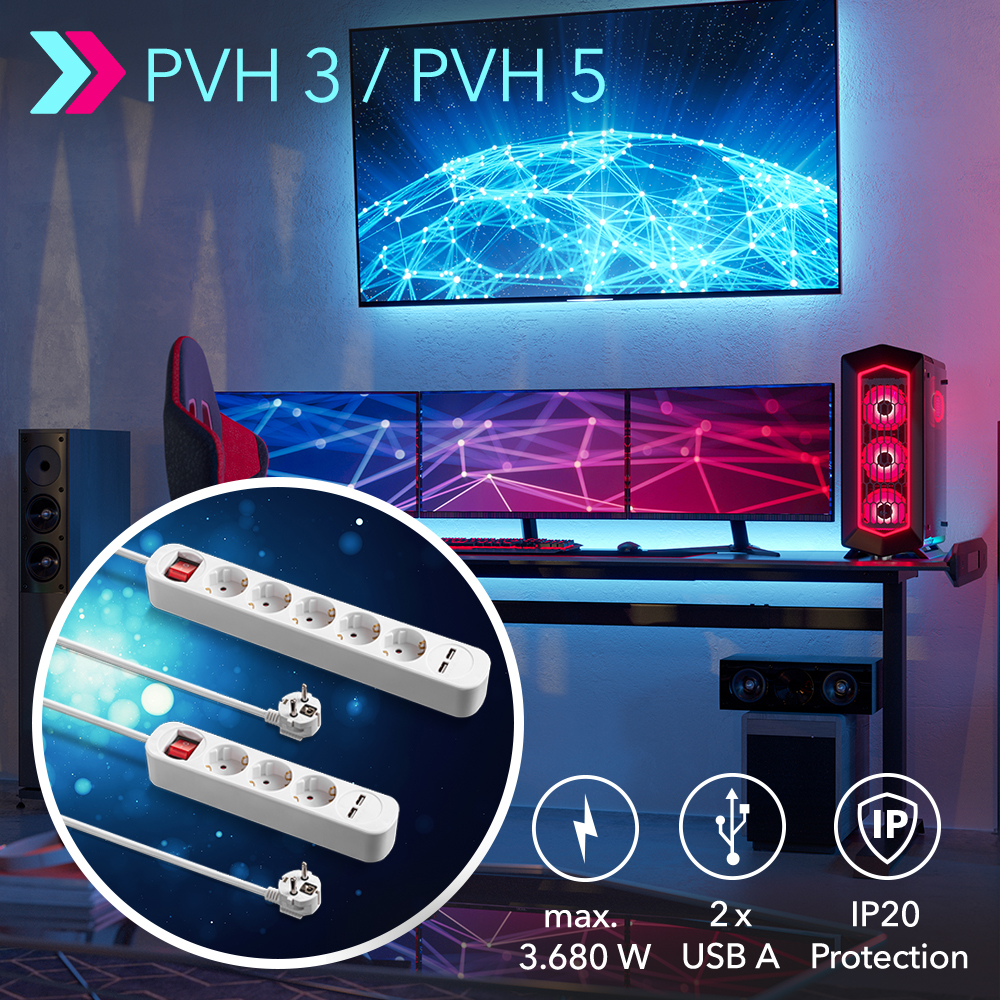Blocs multiprises PVH3 et PVH5 : prises triples et quintuples avec 2 prises de chargement USB incluses, commutateur économe en énergie et câble de 1,5 m – enfin disponible