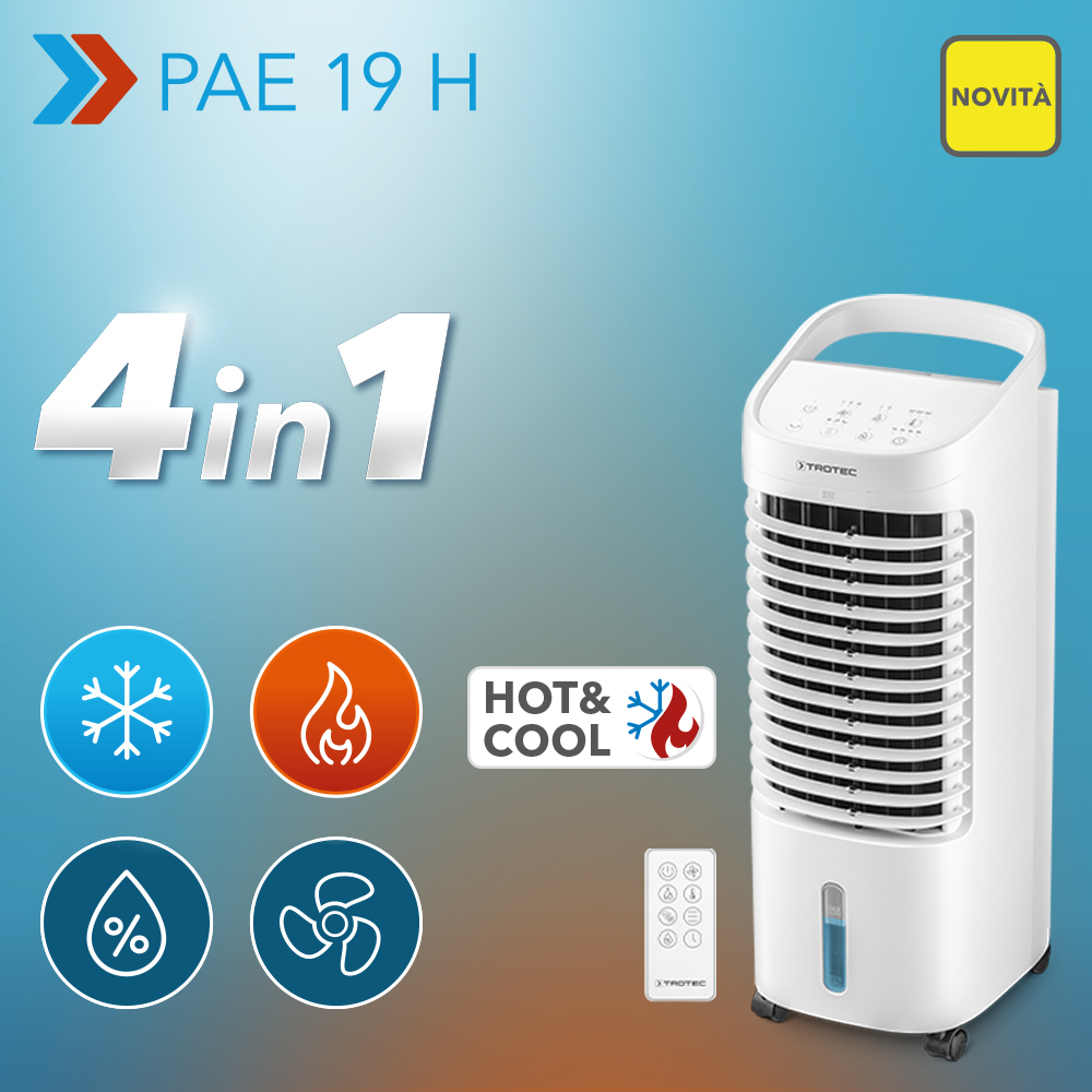 NOVITÀ! Rinfrescatore d’aria e termoventilatore PAE 19 H: soluzione 4 in 1 tuttofare con funzione di rinfrescamento dell’aria, potenza termica di 2.000 watt, depurazione e umidificazione dell’aria – incluso comando a distanza