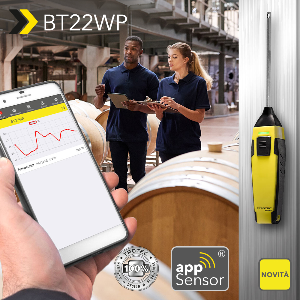 NOVITÀ! Termometro BT22WP: termometro digitale Bluetooth® con app per smartphone per il controllo della temperatura in canali di conduzione dell’aria