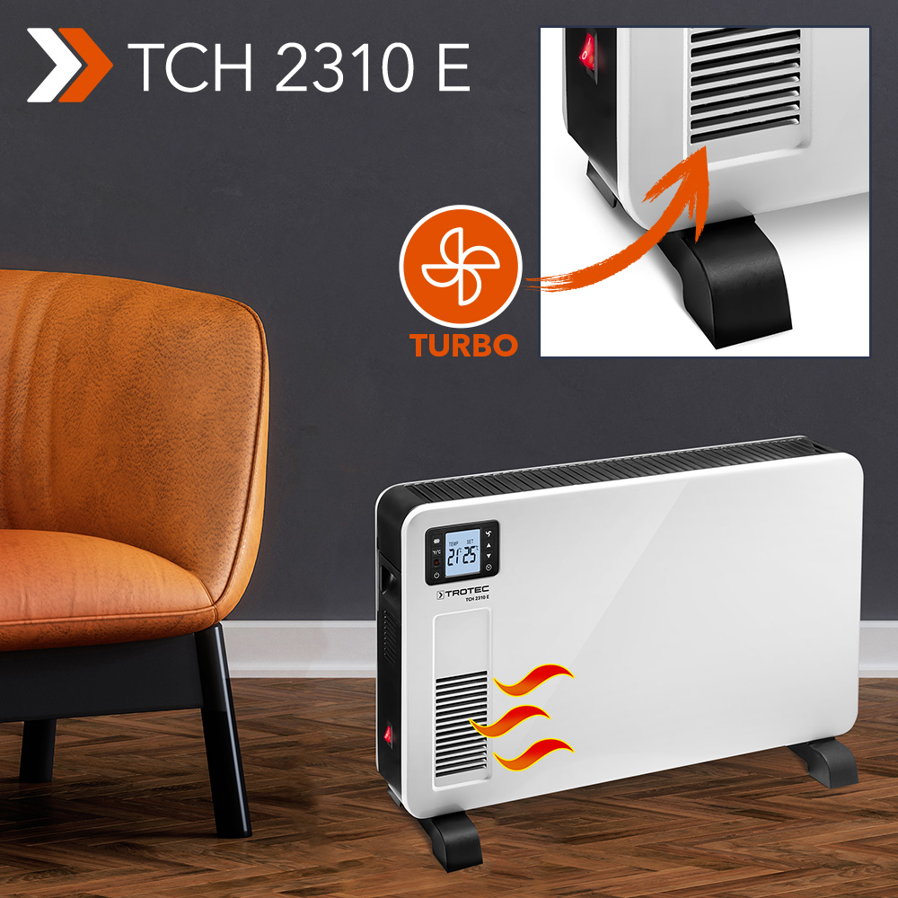 Convettore di design TCH 2310 E: rapida diffusione del calore con tre livelli di riscaldamento da 2.300 W, ventilatore turbo e comando a termostato – di nuovo disponibile
