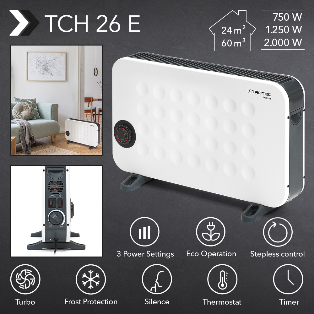 Convettore di design TCH 26 E: fino a 2.000 W di potenza termica controllata tramite termostato con turboventilatore e timer integrato – finalmente disponibile