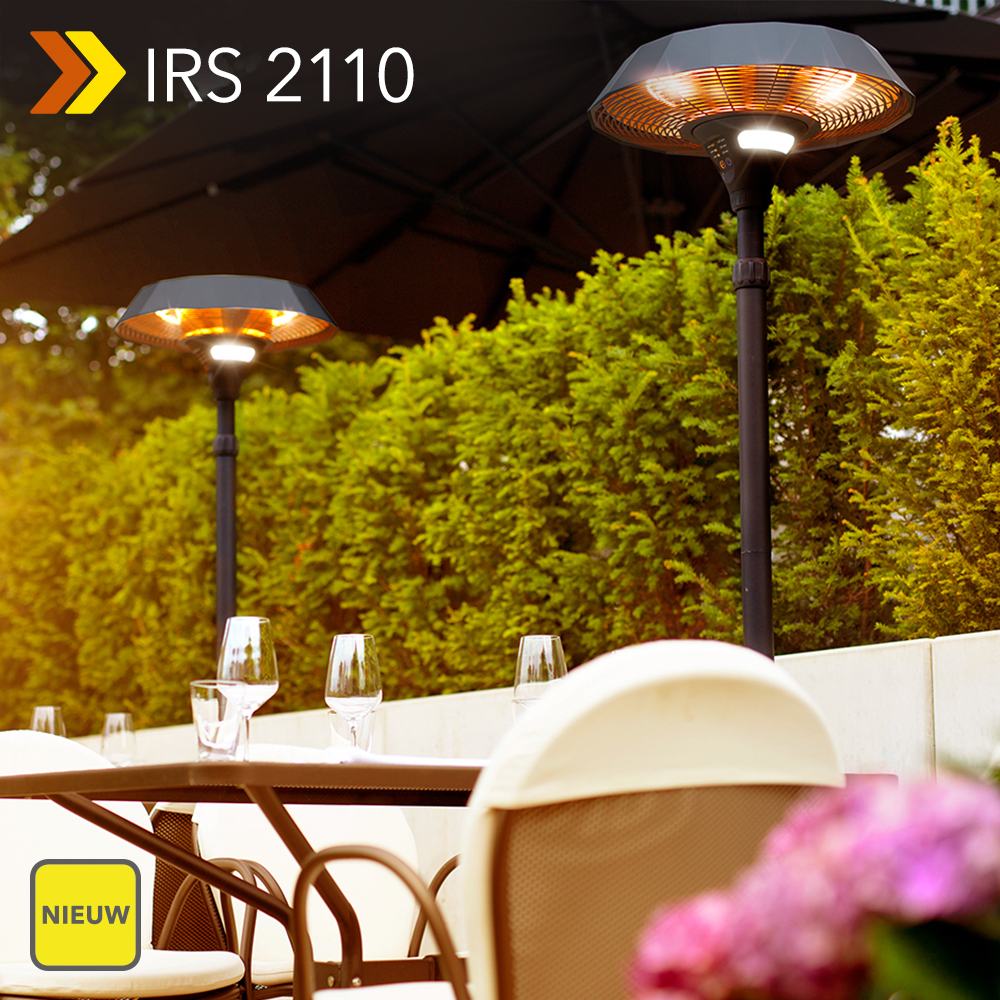 NIEUW Staande design-straalkachel IRS 2110: in de hoogte verstelbare verwarmingsoplossing van 2.100 watt met geïntegreerde LED-verlichting en afstandsbediening – eindelijk leverbaar