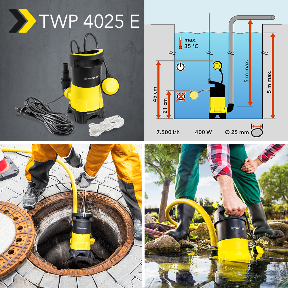 Vuilwater-dompelpomp TWP 4025 E: met krachtig vermogen van 400 watt waarmee tot 7.500 liter per uur kan worden gepompt – weer verkrijgbaar!