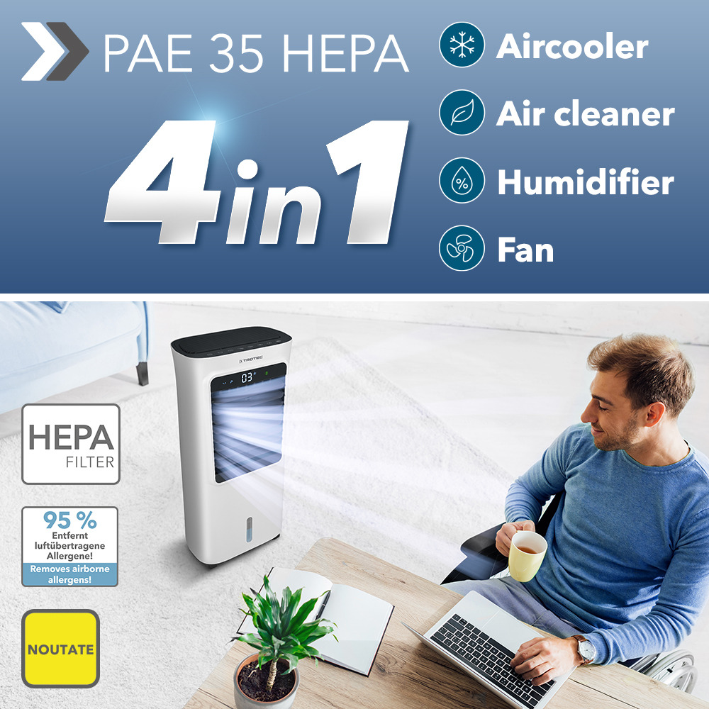 NOU Răcitor de aer și purificator de aer PAE 35 HEPA: Răcitor de aer prin evaporare 4 în 1 cu purificare și ionizare a aerului HEPA – în sfârșit disponibil