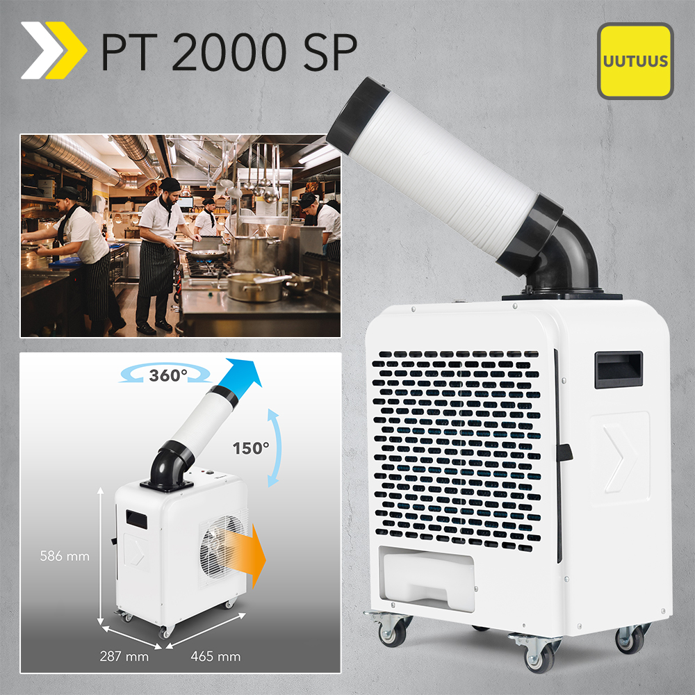 UUSI Spot-ilmanjäähdytin PT 2000 SP Viilennystä kuumille työpaikoille – kohdennettua jäähdytystä korjaamoissa, työhalleissa ja suurkeittiössä.