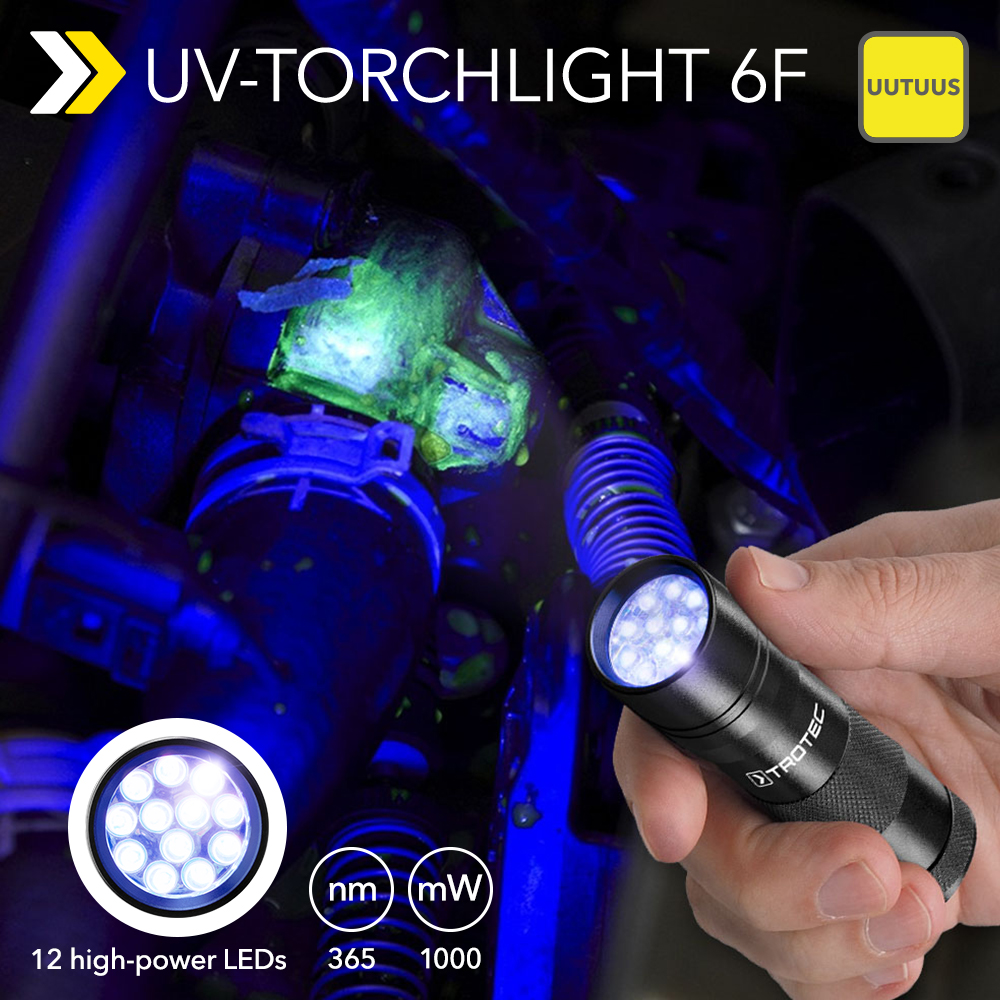 UUTUUS UV-taskulamppu 6F – kompakti taskulamppu, 12 teholediä ja UV-aallonpituus 365 nanometriä
