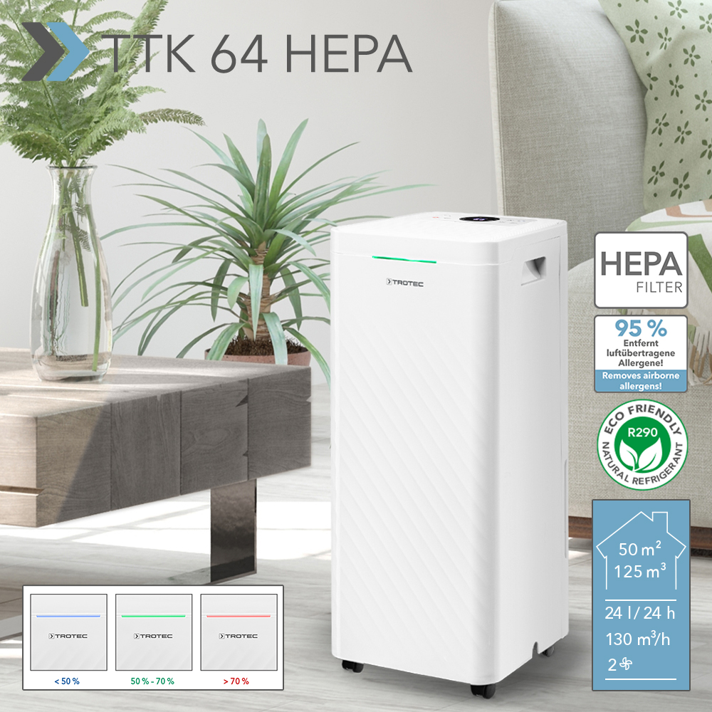 TTK 64 HEPA: Ilmankuivaimen ja ilmanpuhdistimen yhdistelmä pitää huoneilman kaksinkertaisesti terveellisempänä poistamalla homeen, siitepölyn jne. – jälleen saatavana