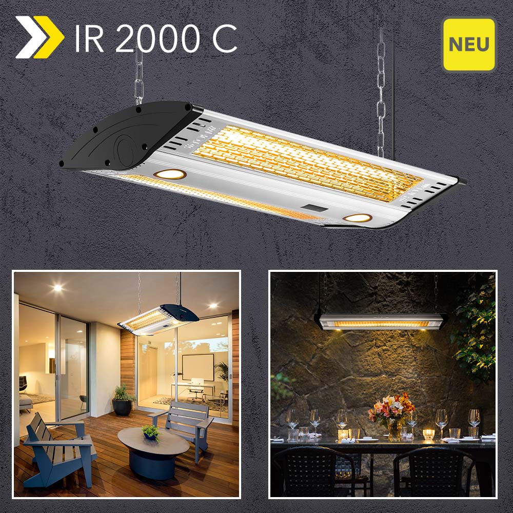 NEU Design-Deckenheizstrahler IR 2000 C – mit 2.000 Watt, LED-Spots, Fernbedienung sowie wetterfestem Schutz nach IP55. Und endlich lieferbar!